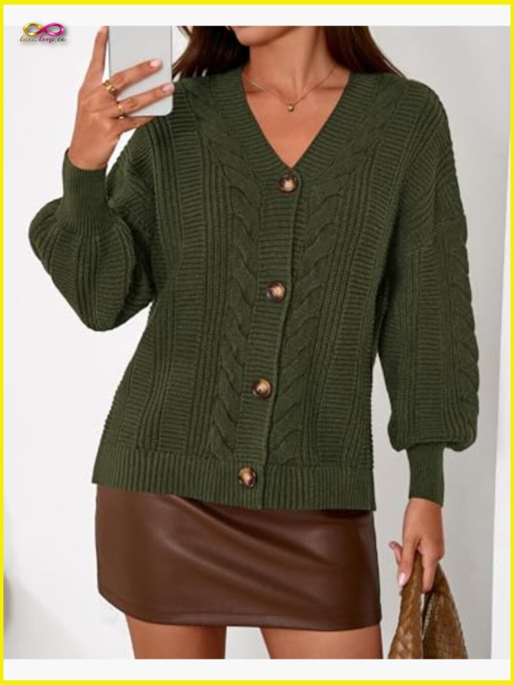 V Neck Long Sleeve Chunky Cable Knit Button Cardigan Sweater Oversized - Picture 2 of 7